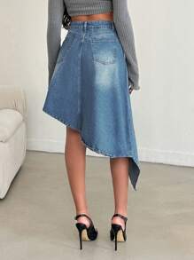 EURMUSE HIGH RISE ASYMMETRIC CUT DENIM SKIRT - Medium Wash - View 2