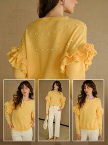 MOTF STUDIO SOLID LAYERED RUFFLE TRIM FAUX PEARL SWEATER - Yellow - View 2