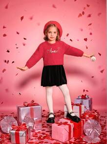 SHEIN Young Girl Round Neck Long Sleeve Fleece Graphic Print Dress, Autumn/Winter, For Christmas - Red - View 7