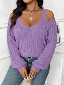 Celure Plus Size Solid Color Cold Shoulder Long Sleeve Casual Sweater Knit Pullover Fall Winter - Mauve Purple - View 8