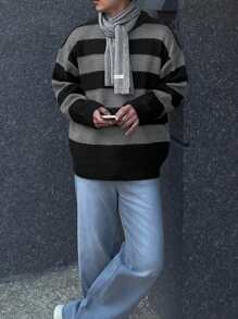 DAZY 男士长袖条纹简约圆领毛衣，秋冬休闲日常穿着 - 彩色 - 查看 5