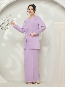 Veilorie Baju Kebaya 2pcs Lace Patchwork Long Sleeve Extra Long Blouse And Maxi Skirt Set Modest