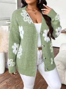 Calvaya Bluzka swobodna z długim rękawem i kwiatowym nadrukiem w dużym rozmiarze i zapięciem na guziki z przodu