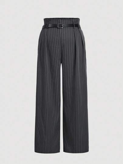 SHEIN MOD Plus Size High Waist Retro Striped Straight Leg Pants, Casual Everyday Wear,Valentine's Day