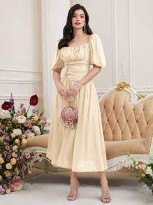 Modelyn Vestido de verano elegante para mujer con cuello cuadrado, de unicolor y arrugas en el busto - Albaricoque - Ver 6