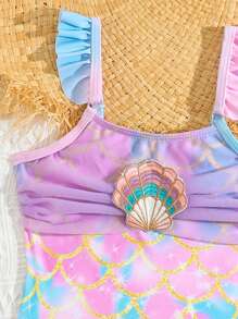 Young Girl' One-Piece Swimsuit With Cute Mermaid & Shell Print (Printed Pattern Randomly Assorted)