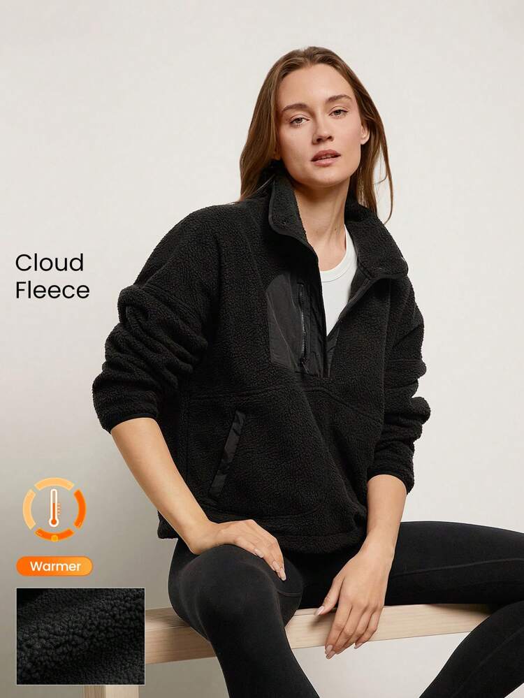Cozy Medium Polar Fleece Soft Warm Loose Adjustable Drawstring Hem Two-Tone Jacket Sweatshirt With Side Pockets Daily Casual Fall Winter