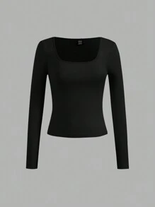 SHEIN Essnce 4 chiếc áo thun tay dài cổ vuông màu trơn đơn giản đa năng dành cho nữ, mùa xuân và mùa hè - Nhiều màu - Xem 6