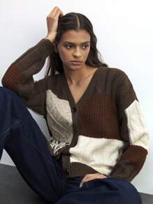 Maija 女士温暖撞色长袖单排扣宽松休闲针织开衫，秋冬 - 彩色 - 查看 1