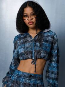 SUMWON WOMEN Cropped Drawstring Hoodie Abstract Washed Pattern Loungewear Winter Fall Modern Streetwear Athleisure Activewear Zip Up Adjustable Hood - Multicolor - View 3