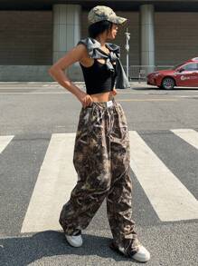 Muchica 女士极简主义品牌印花阔腿裤，休闲日常穿着 - 棕色 - 查看 5