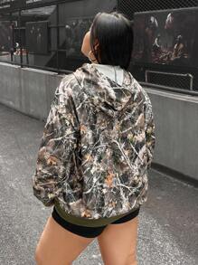 SHEIN EZwear Sudadera con capucha estampada de estilo vintage estadounidense de talla grande, primavera