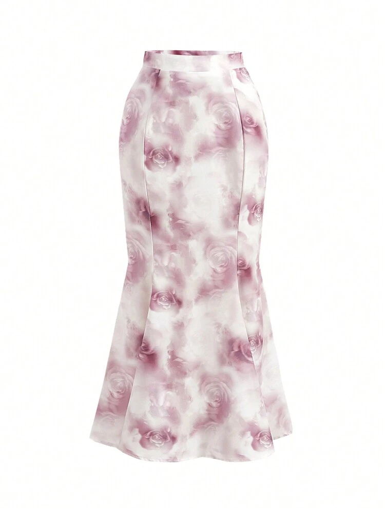Women Floral Print Square Neckline Pleated Puff Sleeve Blouse And Mermaid Hem Skirt, Fashionable And Elegant Two Pieces Set For Summer 2 Pieces Set