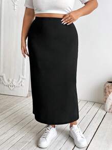 SHEIN CURVE+ Plus Size Women's Black Elastic Knitted Midi Pencil Skirt - Black - View 5
