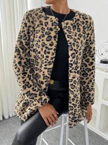 SHEIN Clasi 1 pieza Chaqueta larga de manga larga con apertura frontal y estampado de leopardo con peluche, para otoño/invierno