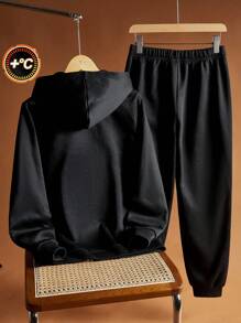 SHEIN Teen Boys 2pcs Athletic Casual Comfortable Versatile Warm Letter Print Hooded Sweatshirt & Sweatpants Set Back To School Clothes Fall Outfits