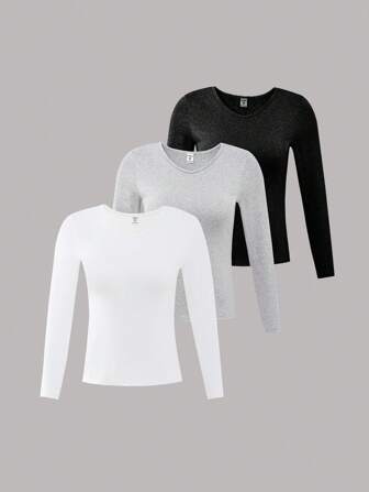 SHEIN 3pcs Tween Girl Casual Everyday V-Neck Long Sleeve T-Shirts, Black White Grey