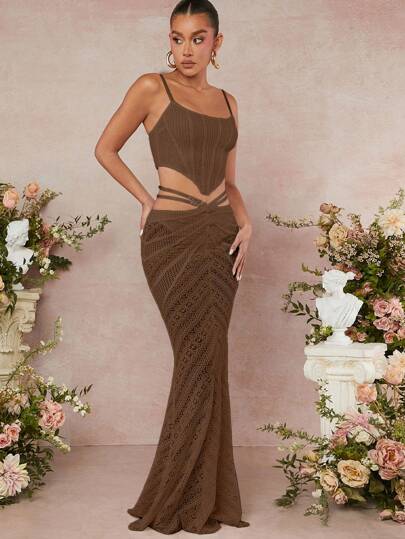 L'Amorae Lace Crop Top & Mermaid Hem Skirt Two Pieces Set