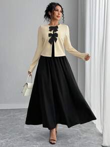 Rafferiza 法式优雅修身长袖上衣搭配蝴蝶结装饰和高腰荷叶边裙 2 件套连衣裙，女士秋冬装 - 黑色 - 查看 3