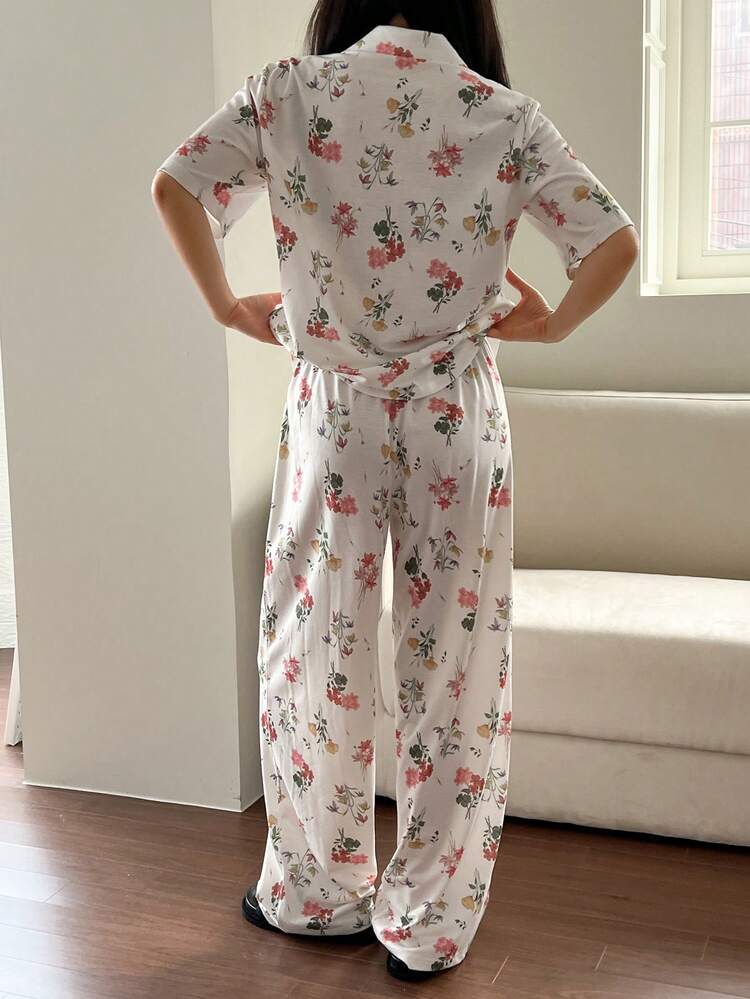 Women's Full Floral Print Lapel Collar Short Sleeve Shirt & Wide Leg Loose Pants Pajama Set