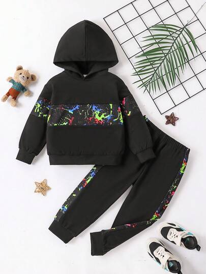 2 件套年轻男孩时尚夜光涂鸦印花连帽运动衫和裤子套装，秋冬