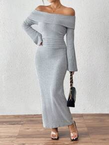 Chiquease Váy ôm sát trễ vai thời trang, dệt kim gân, màu xám, trang phục thu đông cho nữ dài đến đầu gối - Màu Xám nhạt - Xem 3