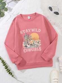 SHEIN Tween Girls Desert Digital Print Crew Neck Sweatshirt, Street Style Suitable For Spring & Autumn - Dusty Pink - View 1