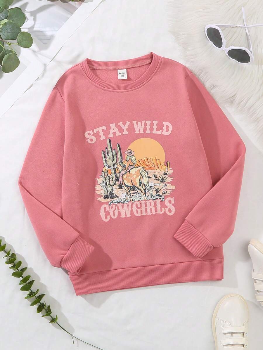 SHEIN Tween Girls Desert Digital Print Crew Neck Sweatshirt, Street Style Suitable For Spring & Autumn - Dusty Pink - View 1