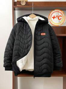 SHEIN Leap Crew Tween Boy Casual Loose Hooded Padded Coat Suitable For Commuting, School, Daily Casual Wear, Sport, Fit For Autumn & Winter Seasons - Black - View 1