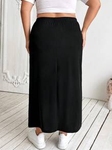 SHEIN CURVE+ Plus Size Women's Black Elastic Knitted Midi Pencil Skirt - Black - View 2