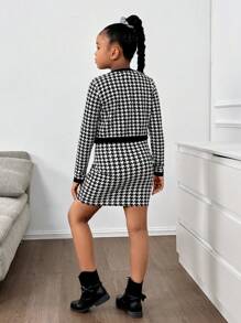 Nova Glow Tween Girl Tween Girl Casual Houndstooth Cardigan Jacket & Slip Dress 2szt. Zestaw