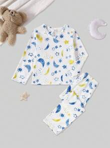 SHEIN Kleine Jungen 2-teiliges Pyjama-Set mit Stern- und Mond-Muster, elegant, bequem, langärmelig, Hemd und langer Hose