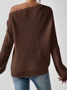 SHEIN VCAY Plus Size Winter Slant Shoulder Design Sexy And Simple Sweater Pullover, Suitable For Workwear, Going Out, And Home - Brown - View 2