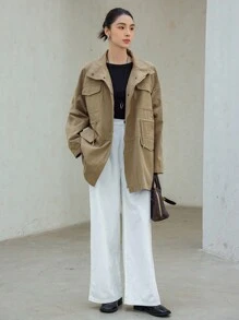 Dazy-Less Locker geschnittene einfarbige Jacke mit großer Tasche für Damen, Herbstbekleidung Damenmäntel - Armeegrün - Übersicht 2