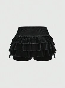 ROMWE Goth Pantalones cortos con falda de terciopelo estilo retro oscuro para el Día de San Valentín, con lazo en la cintura y forro, antideflagrantes, talla grande para mujeres