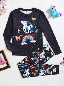 SHEIN Tween Girls Glowing Unicorn & Rainbow Graphic Crew Neck Long Sleeve Snug Fit Pajamas Set, 2 Pcs, Cozy & Adorable - Multicolor - View 6