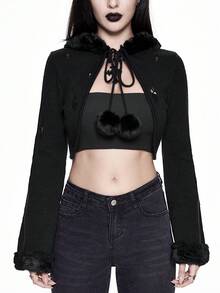 ROMWE Goth 女式深色哥特式风格破旧连帽轻质开衫 - 黑色 - 查看 2