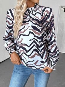 SHEIN Clasi Women's Stand Collar Long Sleeve Allover Print Minimal Casual Top, For Everyday Wear