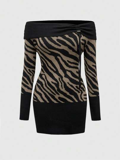 J-Fashion Robe pull décontractée en tricot à manches longues, à l'épaule dénudée, avec patchwork de couleur unie pour femmes