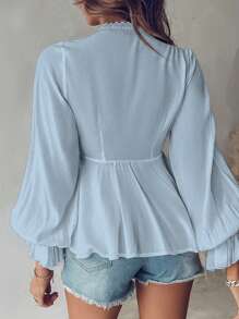 INAWLY 女士休闲蕾丝拼布灯笼袖衬衫荷叶边上衣