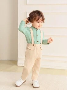 SHEIN Vintage Gentleman Style Baby Boys 2pcs Set: Textured Fabric Shirt + Cargo Suspender Pants, Cute Casual Outfit - Dusty Blue - View 7