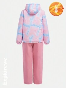 SHEIN 2st/set Tie-Dye Mönster Huva långärmad jacka och haklappsbyxor Isolerad skiddräkt för tonårsflickor - Rosa - Visa 2