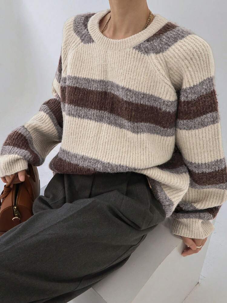 Color Block Striped Loose Casual Knitted Sweater For Women,Fall Clothes