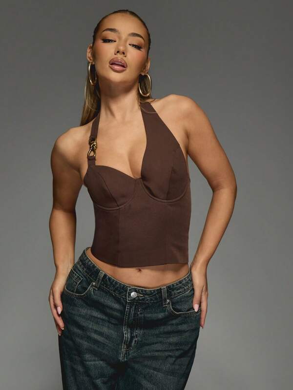 MISSGUIDED Halter Neck Corset Top Asymmetric Bustier Party Club Wear Structured Boning Fitted Fashion Tank Evening Metallic Hardware