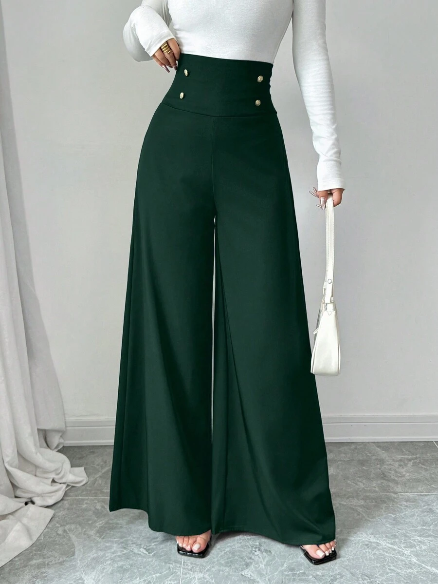 Firerie Women's High Waist Slimming Wide Leg Black Pants, Office Commute Elegance - Dark Green - View 1