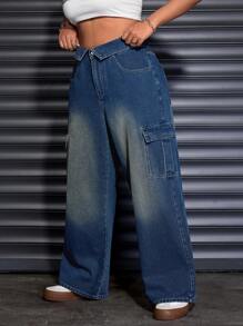 SHEIN EZwear Plus Size Front Button Pocket Simple Denim Jeans, Casual Daily Wear - Dark Wash - View 2
