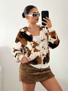 SHEIN ICON 女式前拉链长袖图案细节简约 Y2k 节日新年奶牛印花连帽上衣冬季 - 杏色 - 查看 6