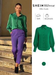 BizChic Grüne Satin Langarm Bluse, festliche Party Büro Damen für Frühling & Sommer - Grün - Übersicht 1