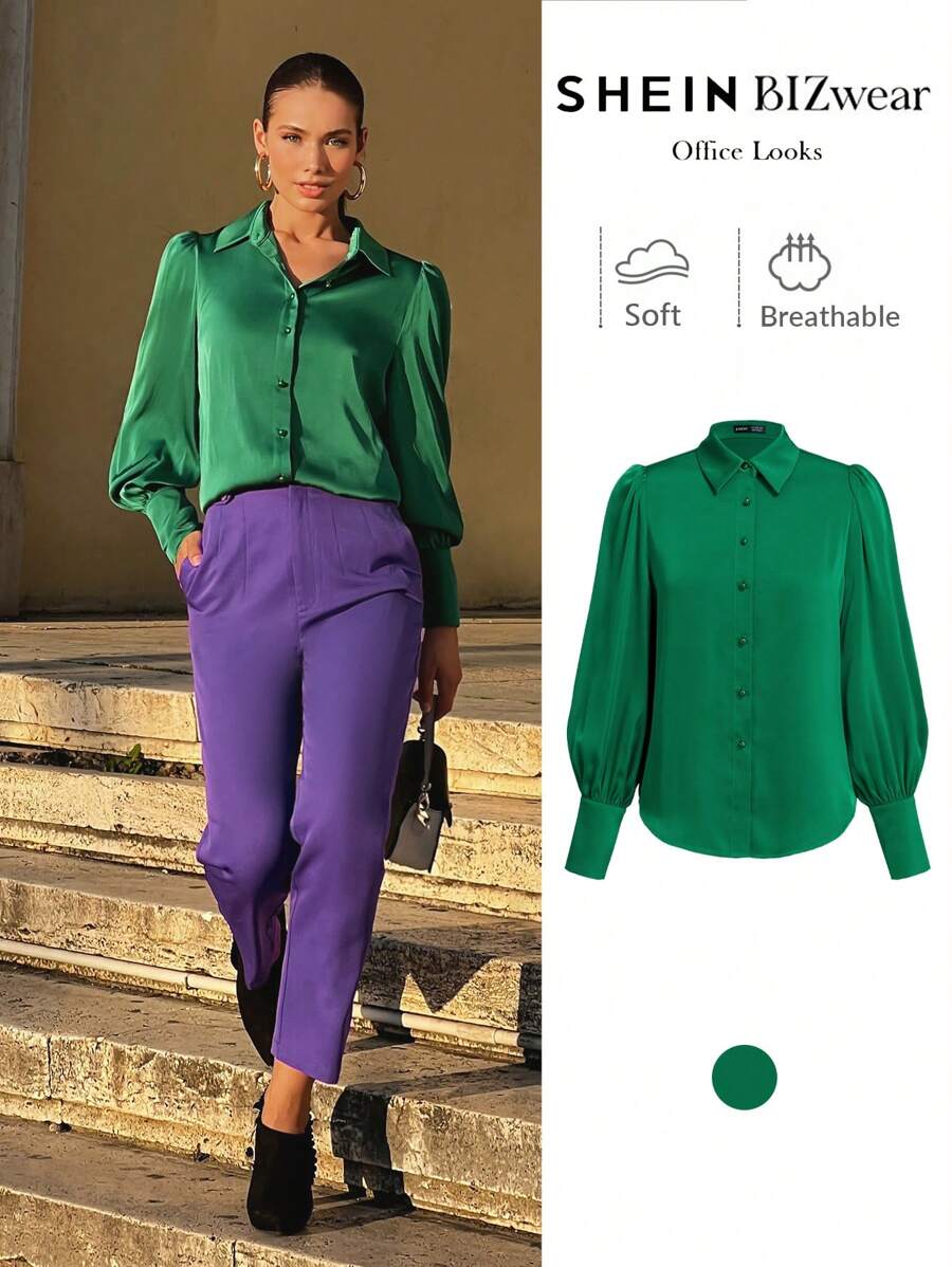 BizChic Grüne Satin Langarm Bluse, festliche Party Büro Damen für Frühling & Sommer - Grün - Übersicht 1