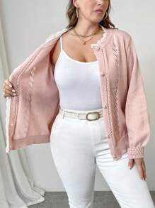 SHEIN Clasi Celure Plus Size Women Solid Color Lace Loose Casual Cardigan, Autumn/Winter Fall Cloth For Women,Ladies' Knitted Coat, Christmas, Red, Party,Winter,Summer,Spring/FallValentine's Day - Pink - View 6
